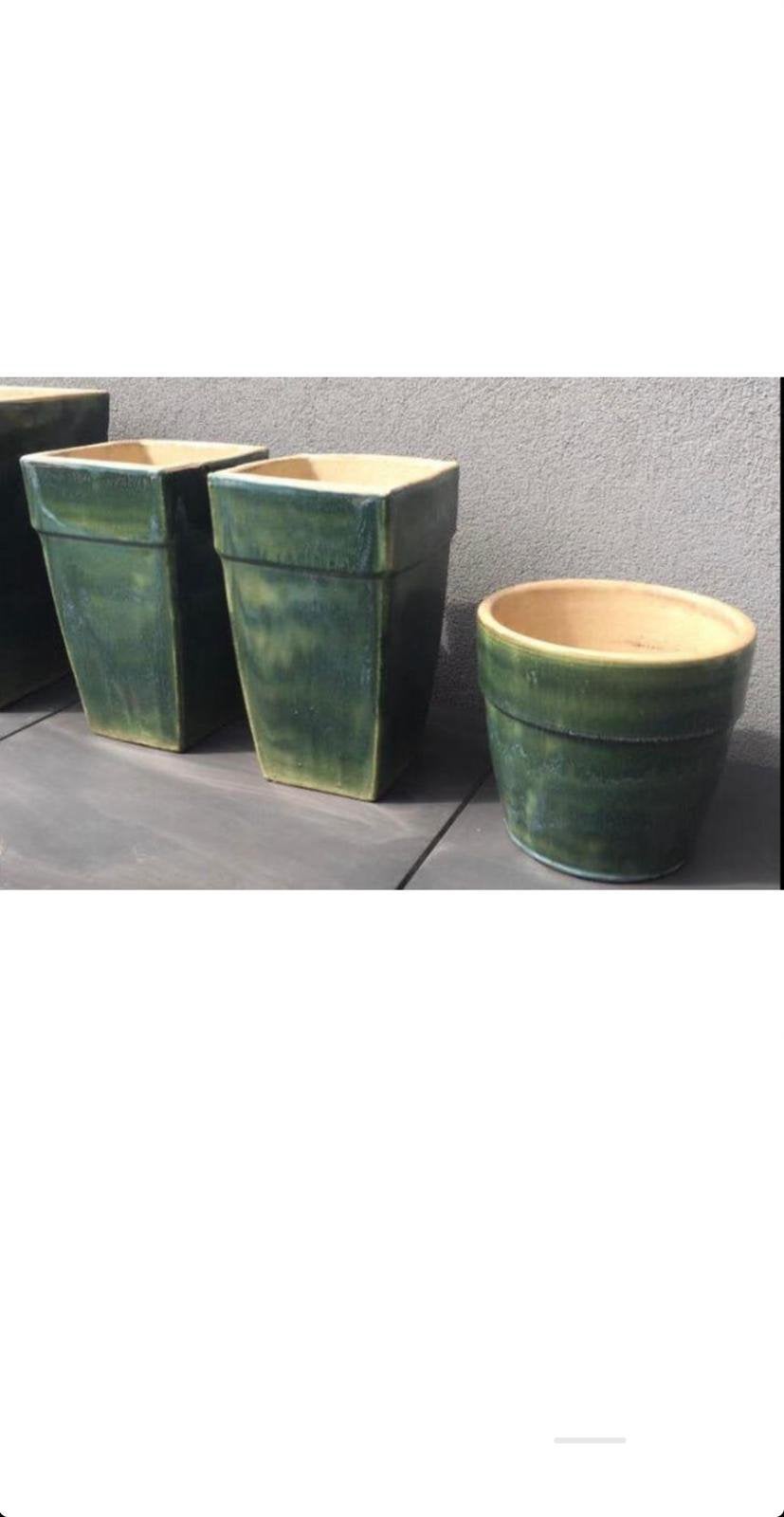 Vintage jaren '60 terracotta groen geglazuurde potten set, Tuin en Terras, Bloempotten, 25 tot 40 cm, Gebruikt, Ophalen of Verzenden