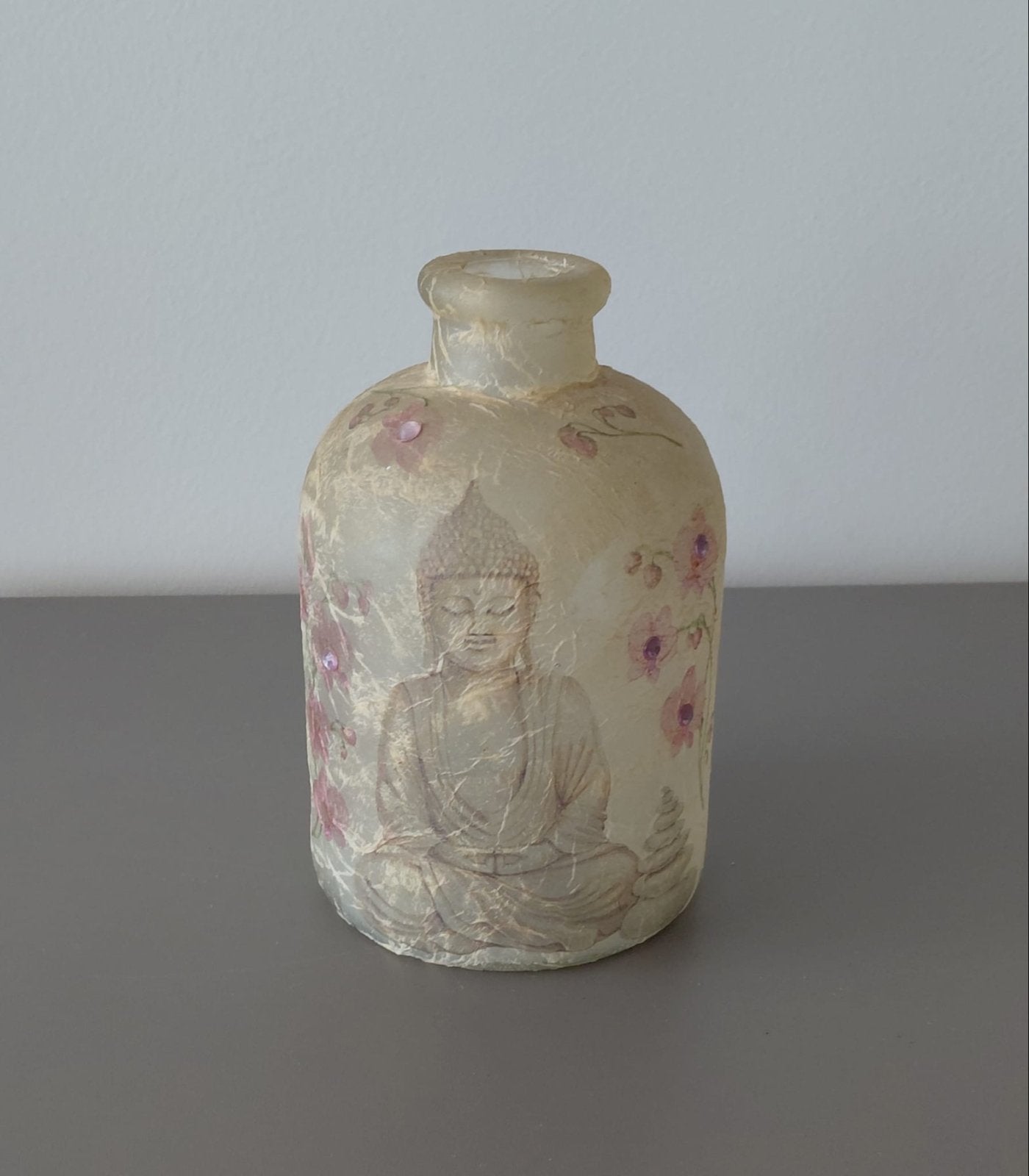 MICA Decoraties Boeddha Vaasje - Crème met Roze Bloesem, Met patroon/structuur, Beige, Ophalen of Verzenden, Glas