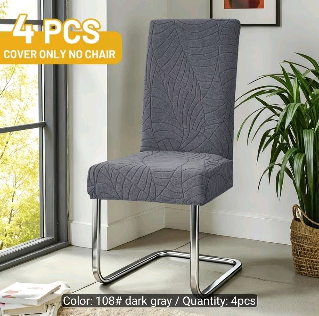 Set van 4 Stoelhoezen - Donkergrijs met motief, Huis en Inrichting, Stoelen, Nieuw, Ophalen of Verzenden, Vier, Modern, Bladmotief
