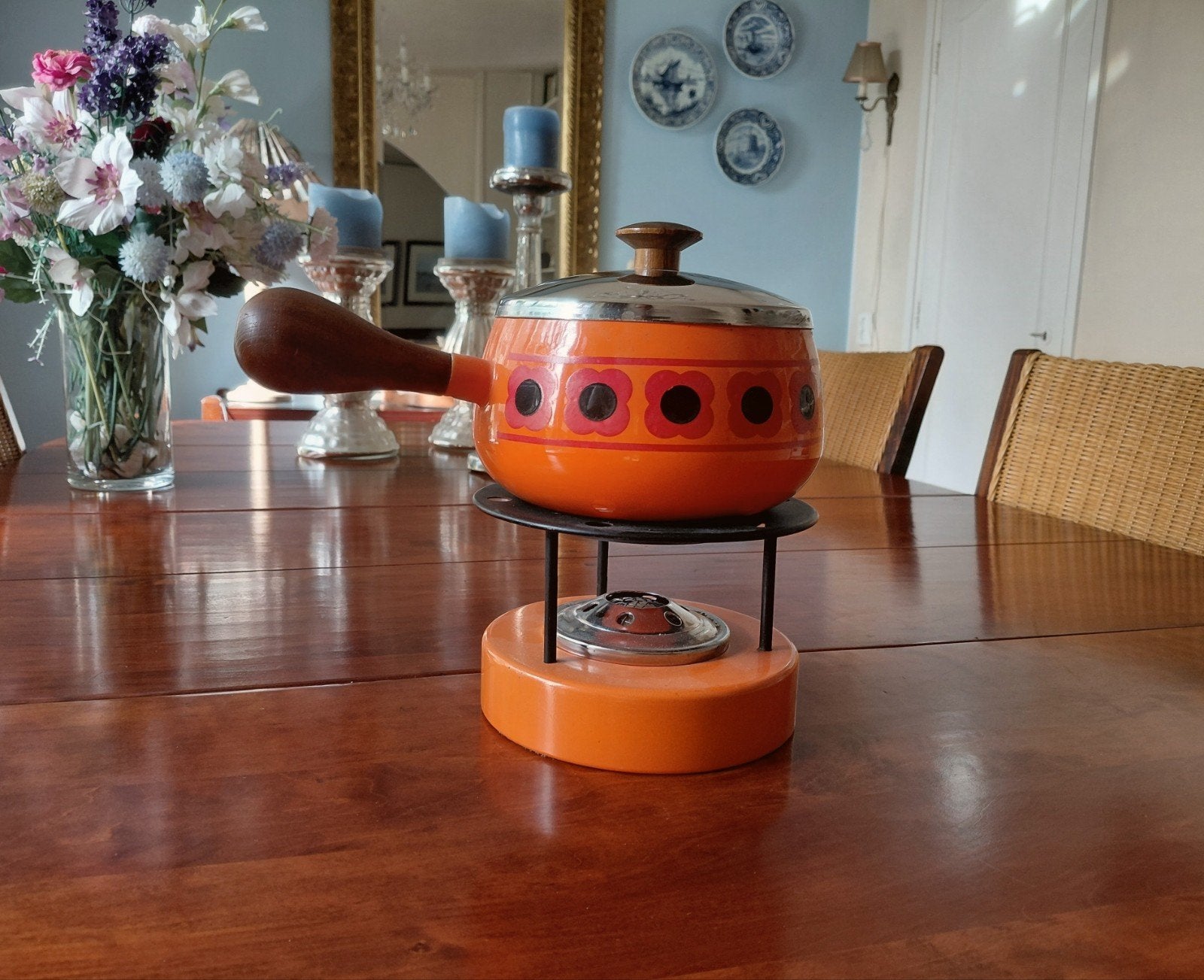 Vintage jaren 60/70 fonduepannetje - Oranje met bloemmotief, Ophalen of Verzenden