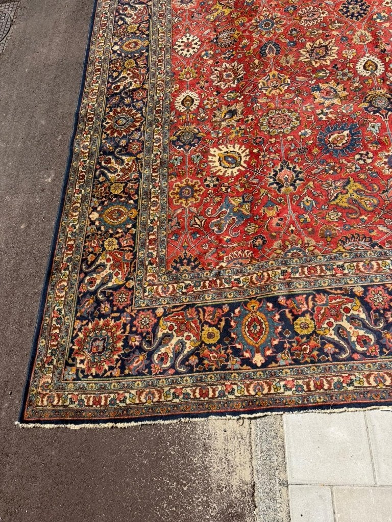 Antiek Tabriz tapijt–465362cm–rood veld met Perzische bloem, 200 cm of meer, Ophalen of Verzenden, Zo goed als nieuw, 200 cm of meer