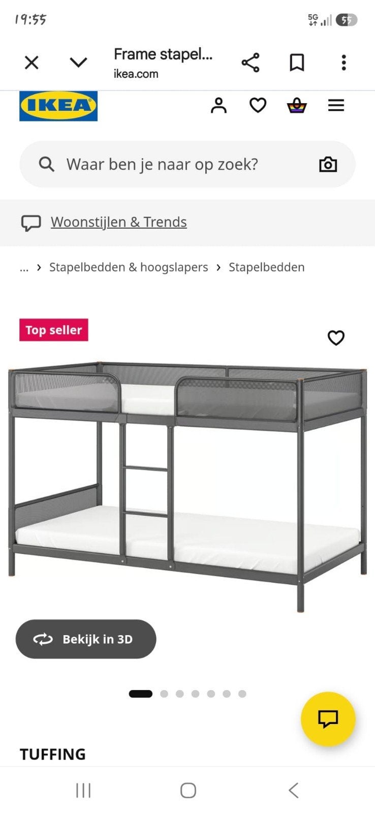 IKEA TUFFING Stapelbed - Donkergrijs, 90x200 cm, Ophalen