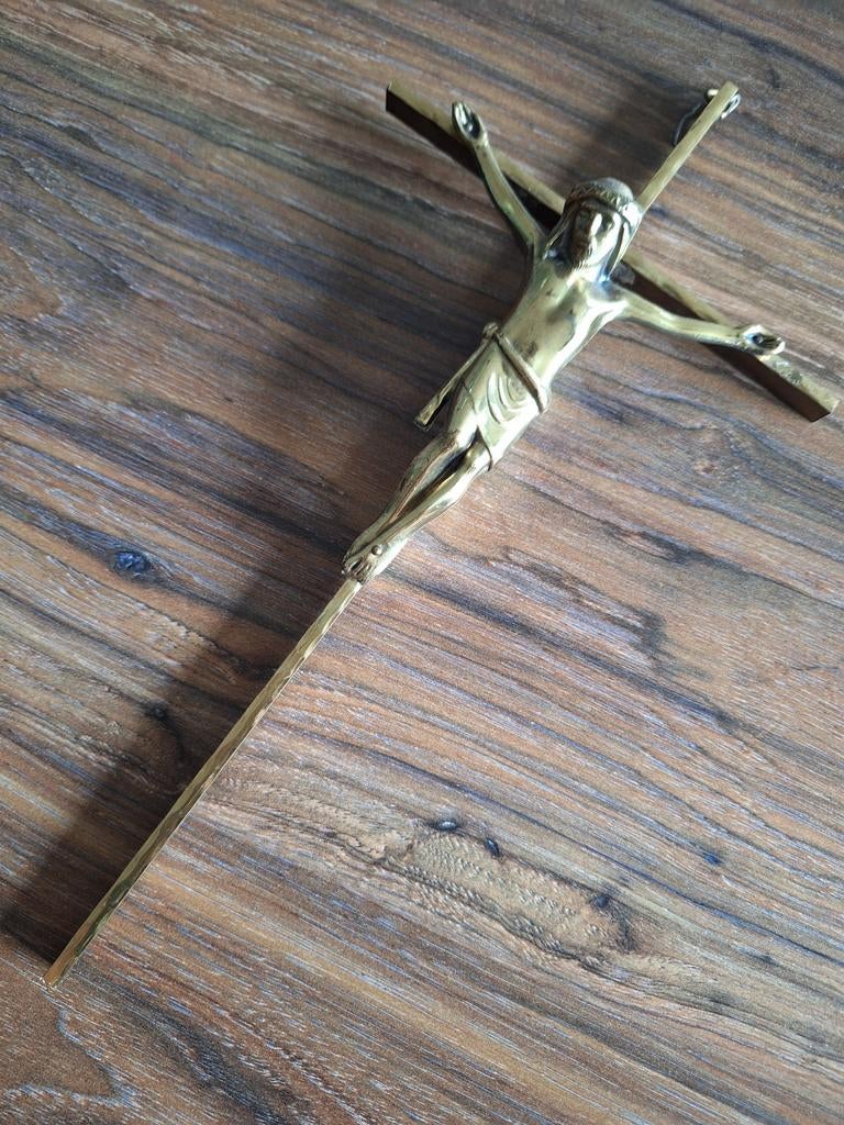 Vintage Messing Kruisbeeld met Jezus - 30cm hoog, Ophalen of Verzenden