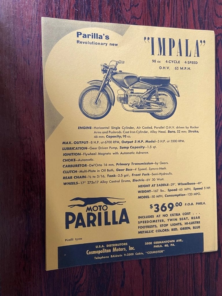 Parilla Impala motorcycle brochure 98cc advertisement, Ophalen of Verzenden, Gebruikt, Motoren