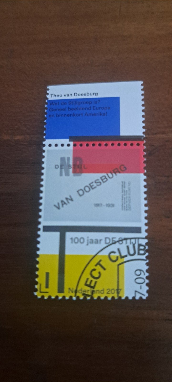 Zegel 100 jaar De Stijl met tab. gestempeld. 2017 ., Ophalen of Verzenden