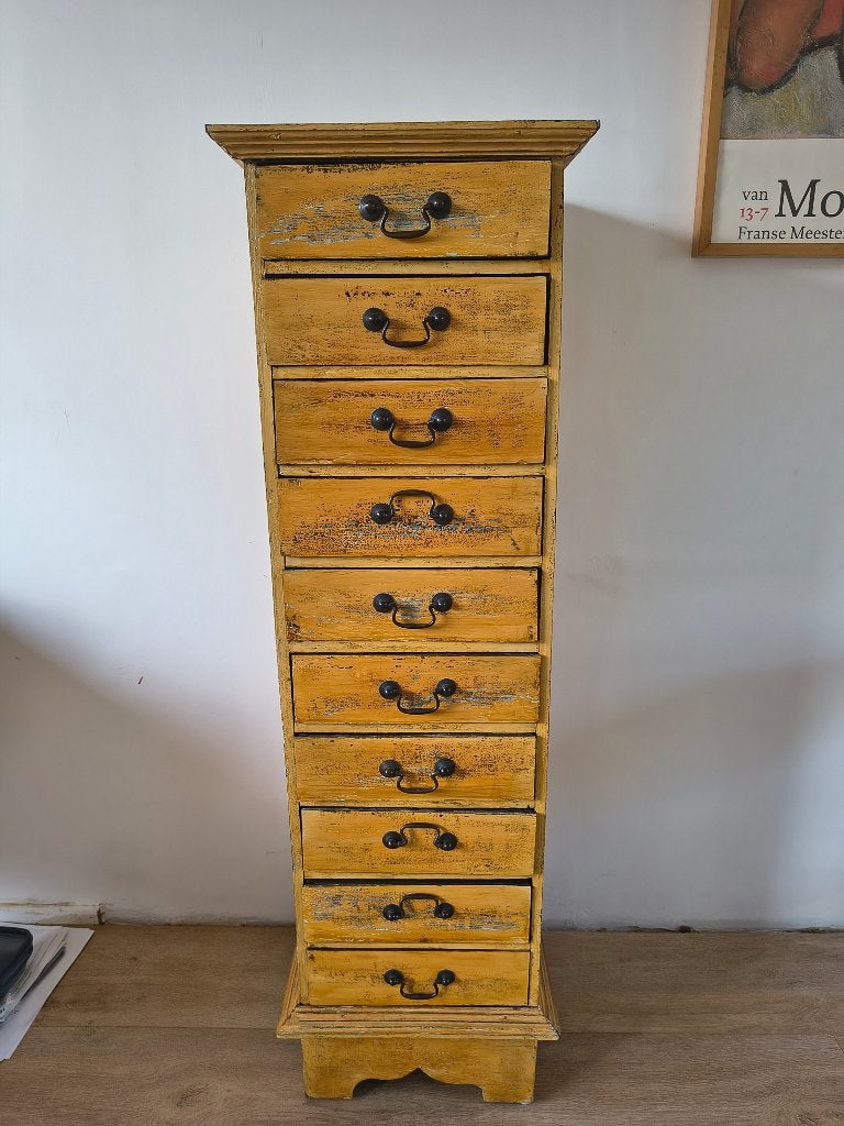 Vintage Gele ladekast / Apothecary Cabinet, Minder dan 50 cm, 5 laden of meer, 100 tot 150 cm, Ophalen of Verzenden