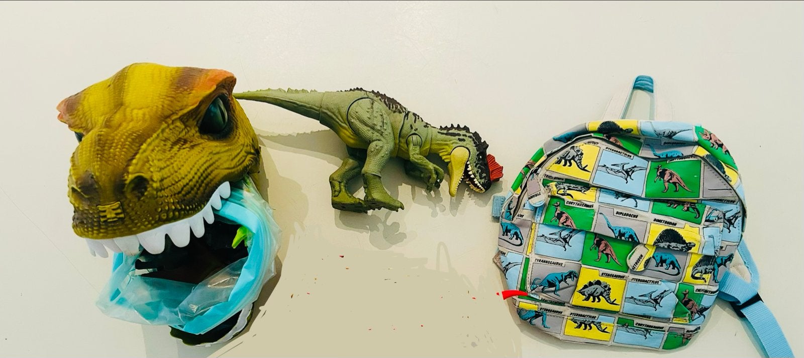 Dinosaurus speelgoed set: Groot hoofd, figuur en rugzak, Ophalen of Verzenden, Gebruikt