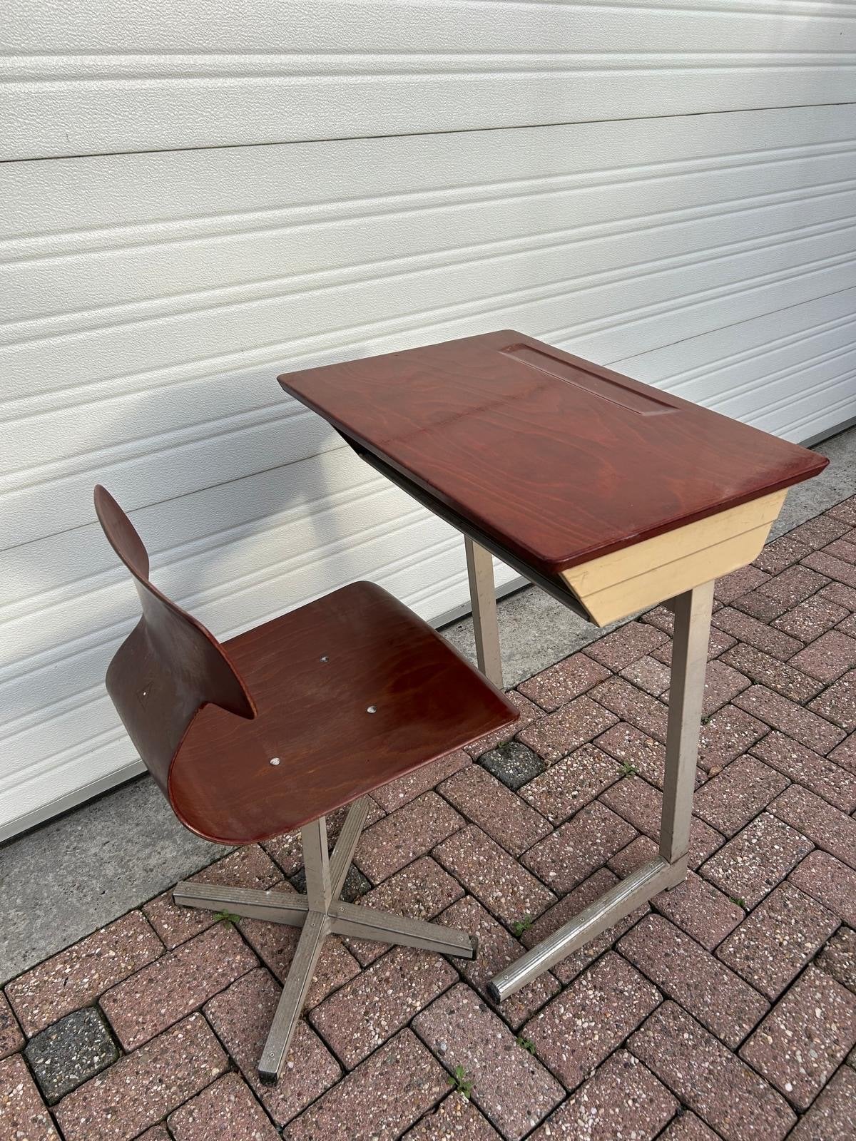 Vintage schoolbank met stoel – retro schooltafel 60/70 stijl, Ophalen, Gebruikt, Hout, Schoolbureau