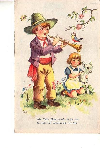 Ansichtkaart	Peter & roodborstje, Verzenden, 1940 tot 1960, Ongelopen, Kinderen
