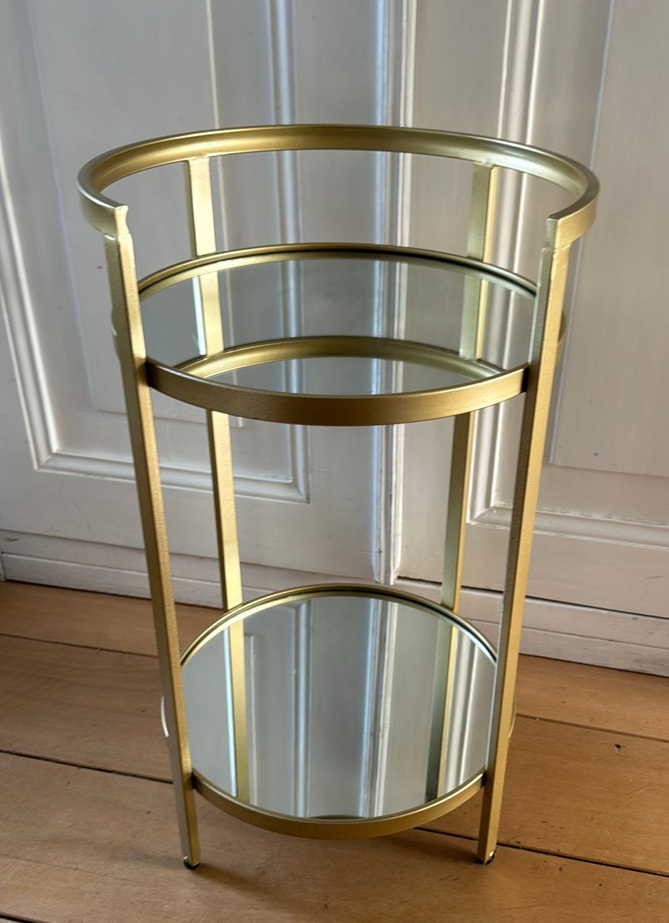 Bijzettafel butlertray goud hoog 61,5, ø 36,5 2 spiegels, Ophalen, Gebruikt, Metaal
