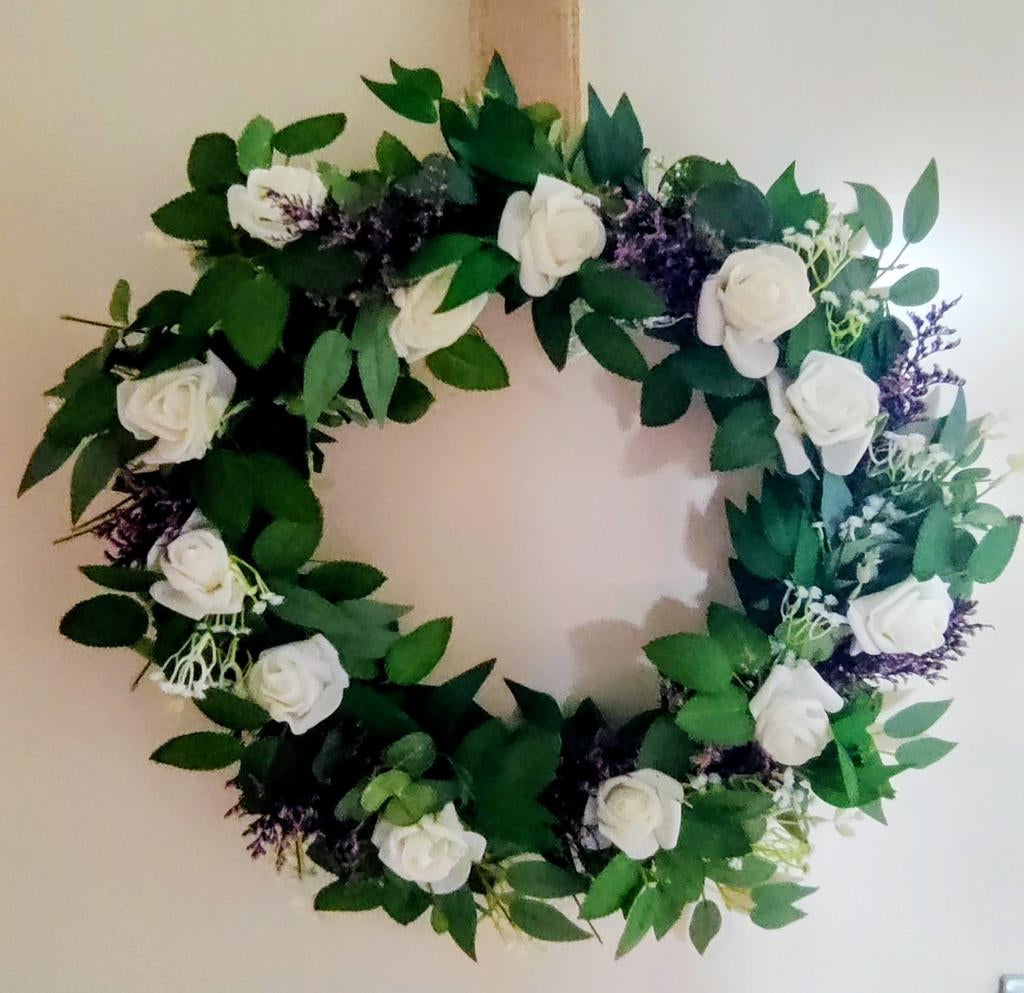 Grote handgemaakte bloemenkrans 40 cm – witte rozen, Huis en Inrichting, Woonaccessoires | Kransen, Ophalen of Verzenden, Nieuw
