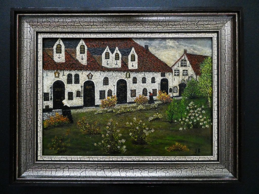 Schilderij van een Begijnhof afkomstig uit België gesign. JR, Doek, Ophalen of Verzenden, Olieverf, Klassiek