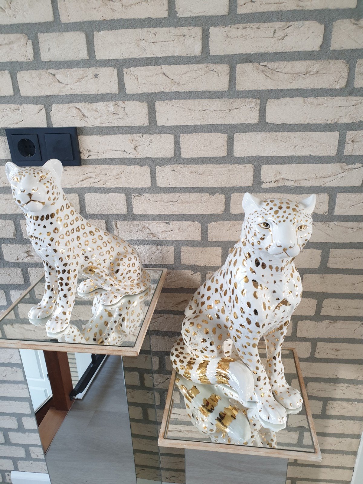 Keramische Panters - Wit met Gouden Details (Set van 2), Ophalen of Verzenden, Zo goed als nieuw, Dier