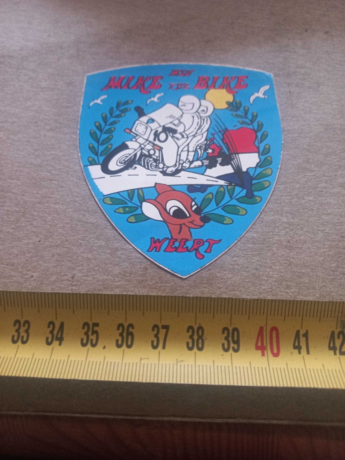 Vintage Mike the Bike Weert sticker, Verzamelen, Ophalen of Verzenden, Zo goed als nieuw, Auto of Motor