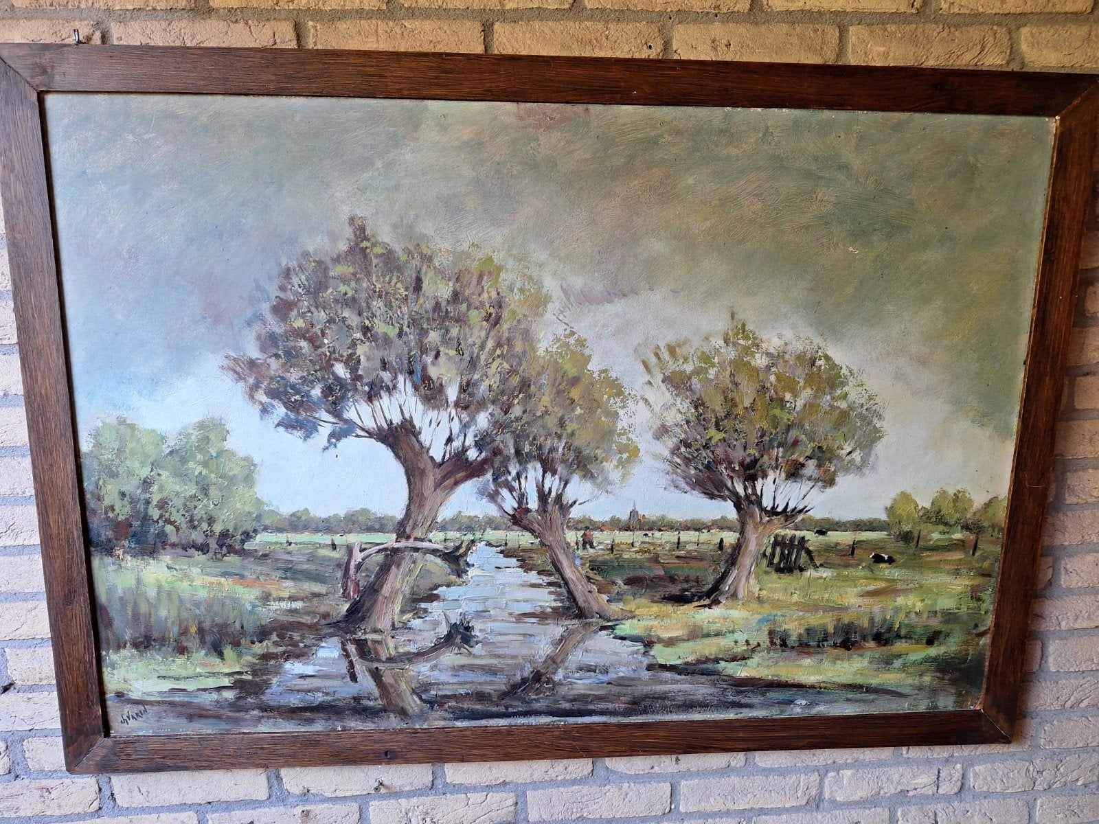 Olieverfschilderij Landschap met water en bomen, gesigneerd, Ophalen, Doek, Realistisch, Gesigneerd