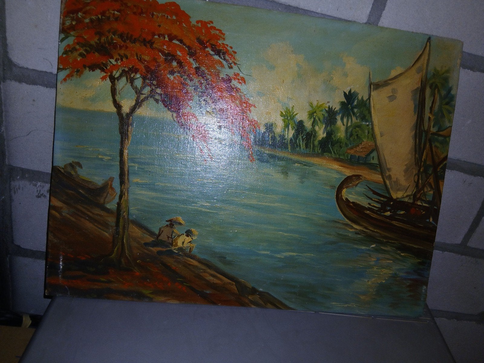 Gesigneerd schilderij: Tropisch landschap met boot, Ophalen of Verzenden, Gesigneerd, Landschap
