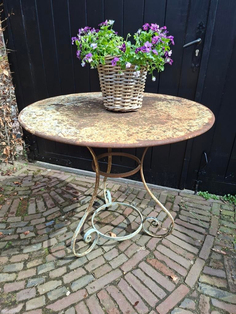 Prachtige oude Franse bistrotafel, grijs/lichtblauw, Ophalen, Gebruikt, 50 tot 100 cm, Frans, Brocante, Vintage
