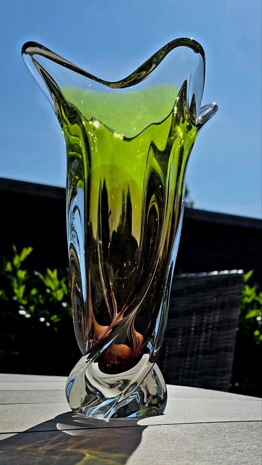 Vintage Chribska Josef Hospodka Sommerso vaas groen 31cm, Ophalen of Verzenden