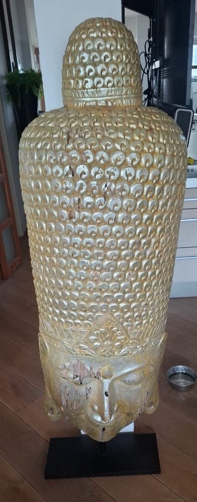 Grote gouden houten Boeddha hoofd op sokkel - 165 cm hoog, Ophalen, Gebruikt, Met sokkel, Hout