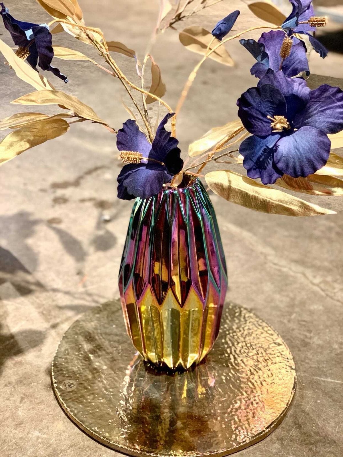 Multicolor vaas met zijden bloemen en gouden takken, Ophalen, Meerkleurig, Inclusief decoratie, Glas