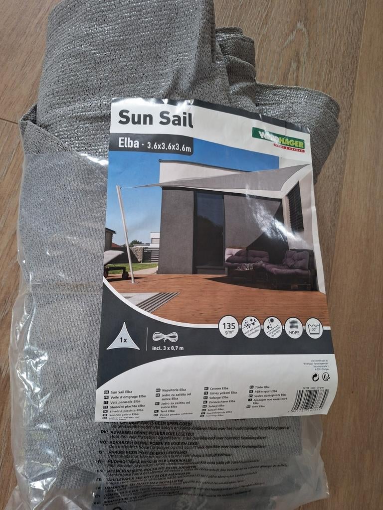 Zonnescherm  Windhager Sun Sail Elba 3.6x3.6x3.6m - Grijs, Ophalen, Overige typen, Nieuw, 250 cm tot 450 cm