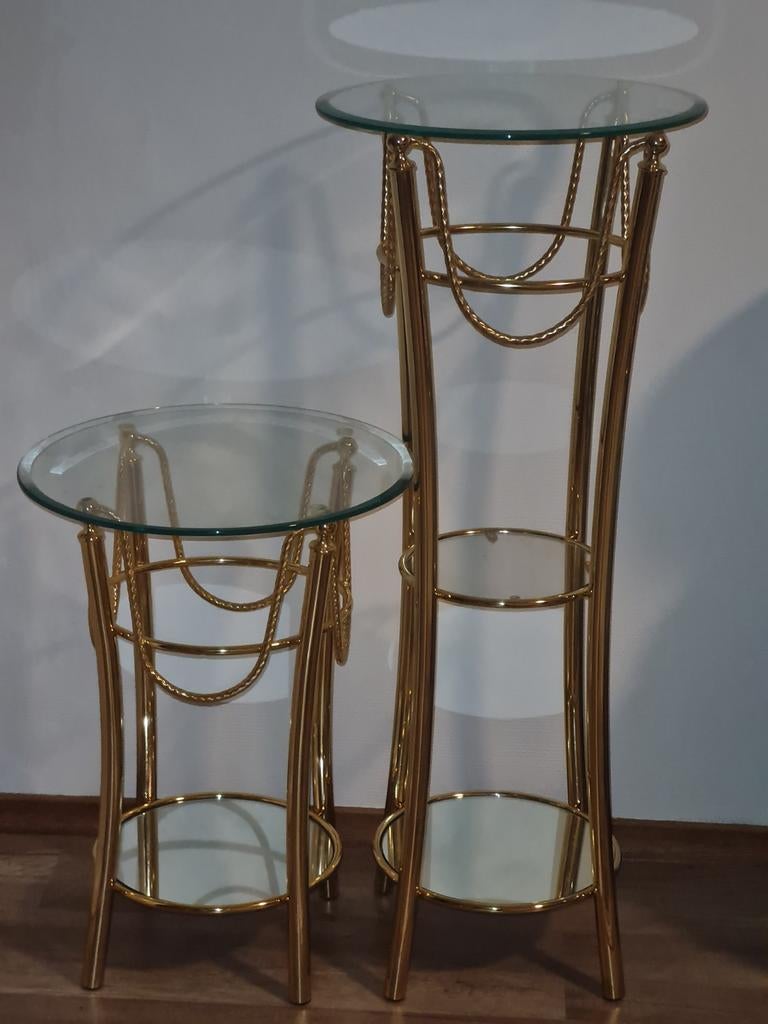 2 bladgoud brass glazen zuilen, Minder dan 55 cm, Hollywood regency, Rechthoekig, Ophalen