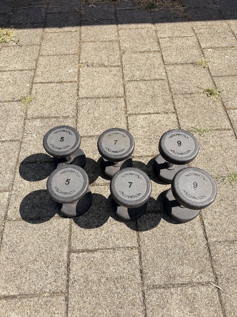 Technogym P.U. Dumbbell Sets: 2 x 5, 7, 9 kg, Ophalen, Zo goed als nieuw, Benen, Dumbbell