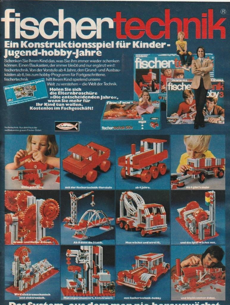 Retro reclame 1974 Fischer Technik speelgoed constructie, Verzenden, Overige typen