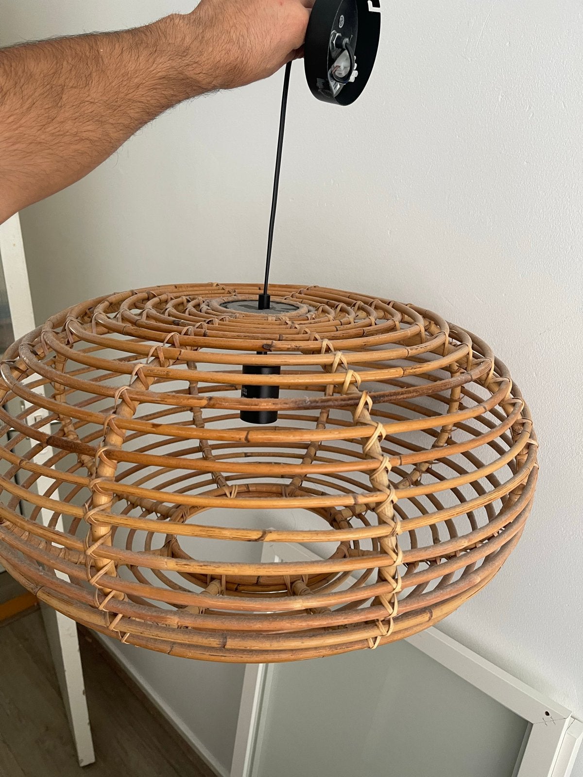Rotan hanglamp - Boheemse stijl, Ophalen of Verzenden, Zo goed als nieuw, Natuurlijk materiaal, E27 (groot)