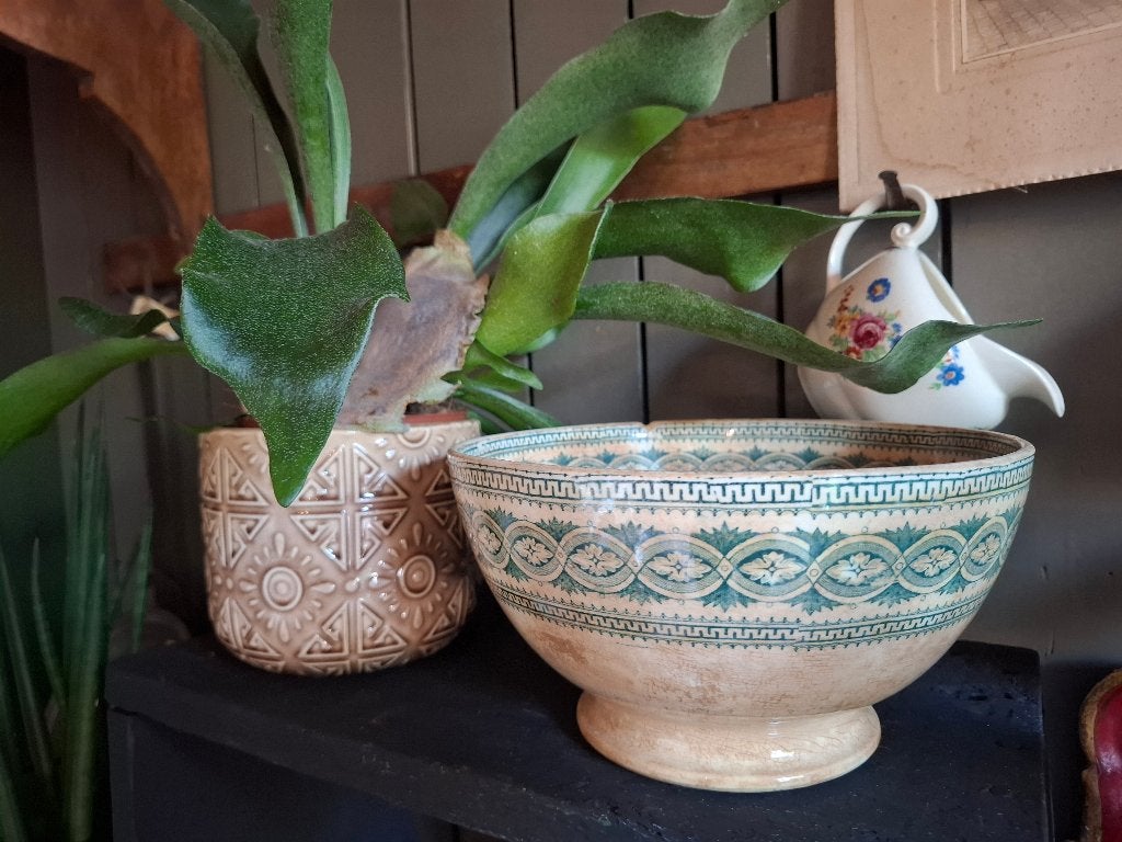 Fraaie brocante beboterde kom met groen transfer decor, Ophalen of Verzenden