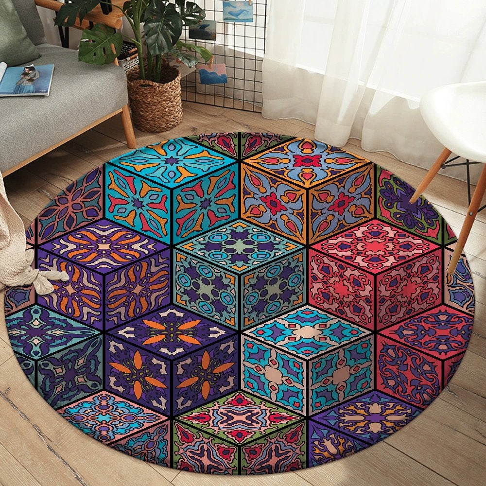 Bohemian Rond Vloerkleed 8 Tapijt Mat Nordic Paars Blauw, Verzenden, Nieuw, Blauw, Rond