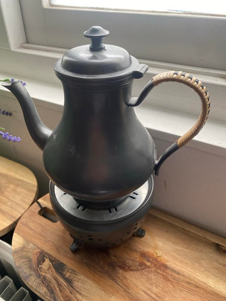 Vintage tinnen theepot met rechaud, Ophalen