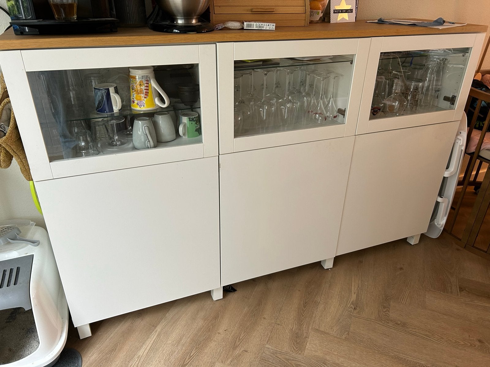 IKEA Besta dressoir met vitrinekasten en eiken blad, Ophalen, Gebruikt, Eikenhout, 200 cm of meer