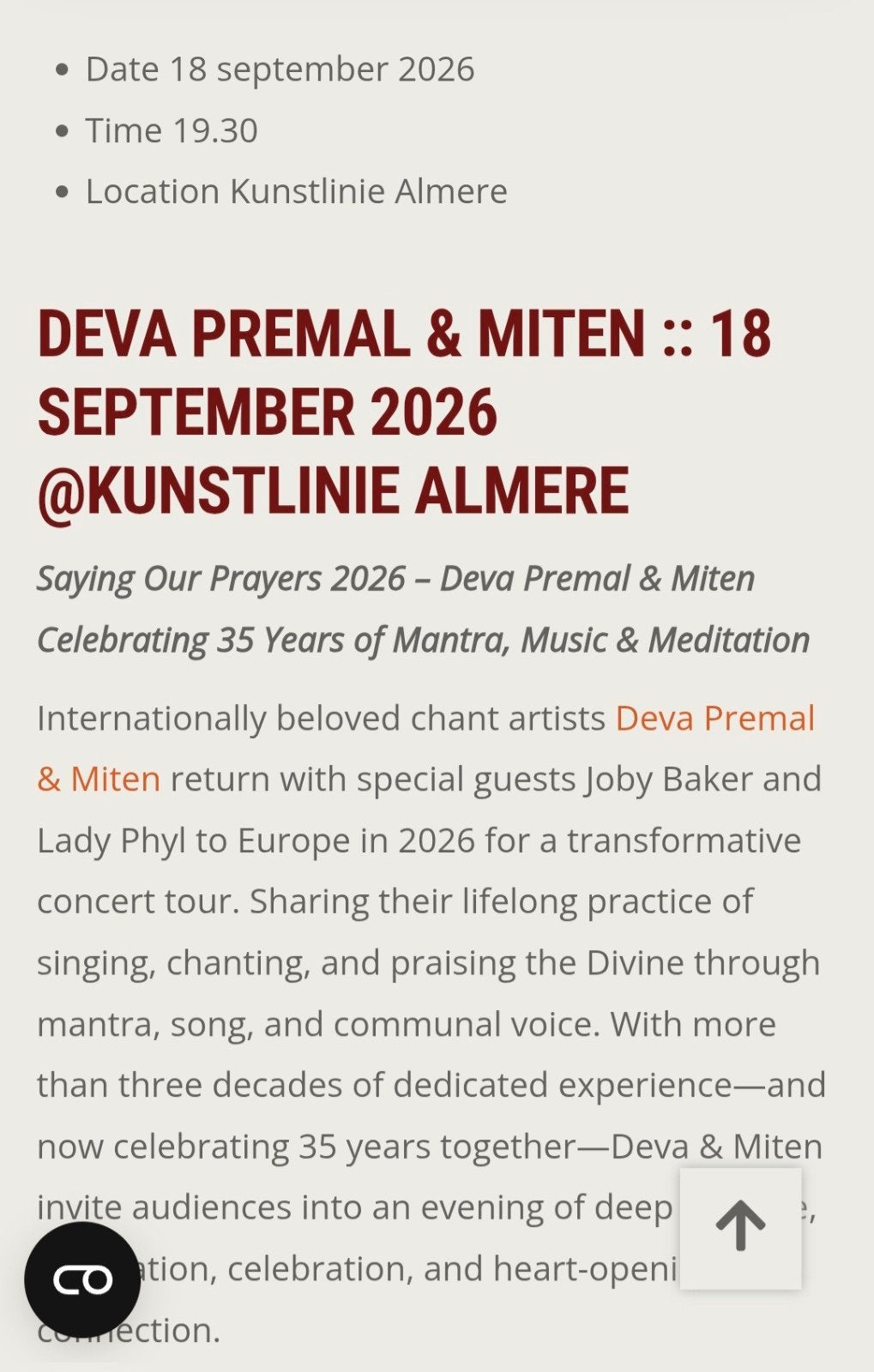 Te koop twee tickets concert Deva Premal 18 sept. 1e rang, Tickets en Kaartjes, Twee personen, September