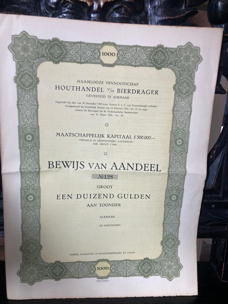 Oude Aandelen 1921 - Houthandel v/h Bierdrager Alkmaar, Ophalen, 1920 tot 1950, Aandeel