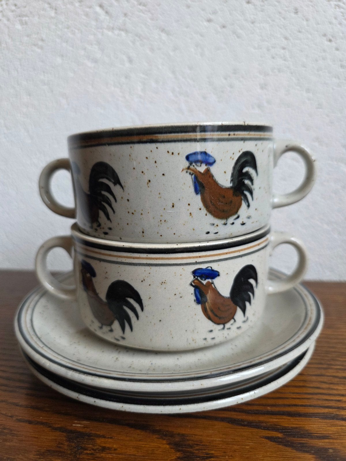 Vintage handgeschilderde soepkommen met schotels, jaren 70, Ophalen of Verzenden