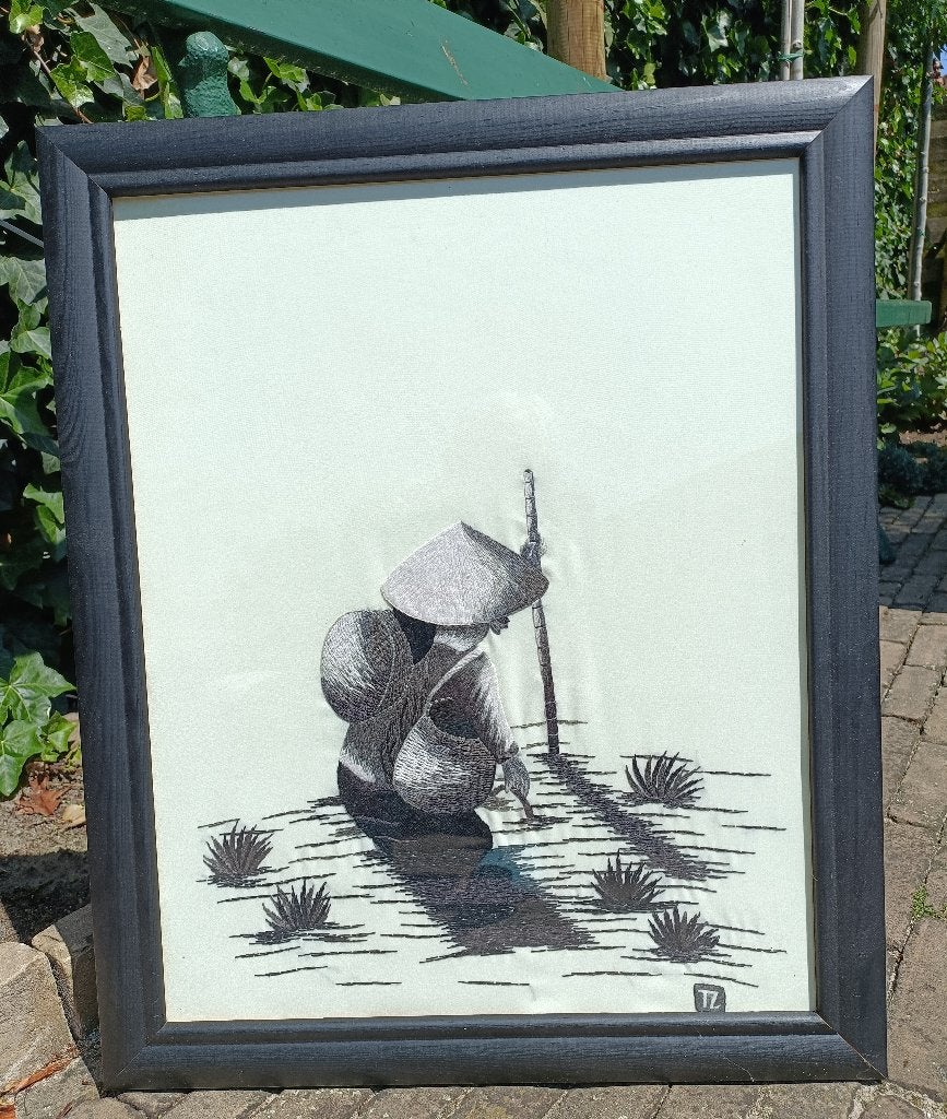 Origineel Vietnamees geborduurde rijstplanter 57 x 47 cm, Overige herkomsten, Ophalen of Verzenden, Wanddecoratie