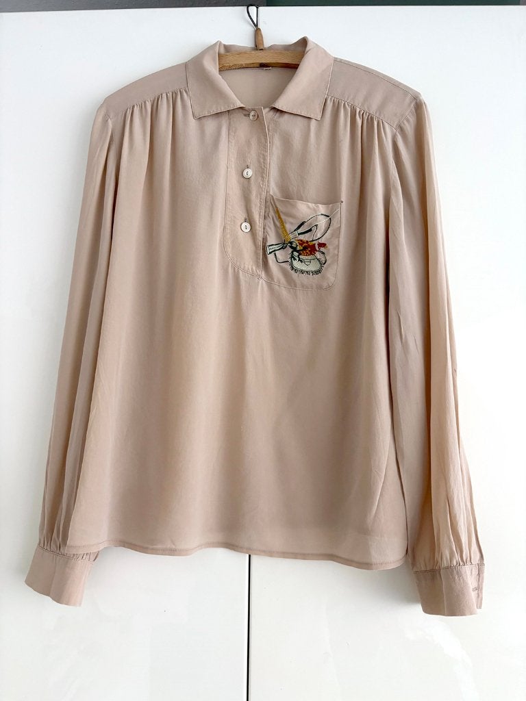 Mooi soepel vallende zijde vintage bloes, maat L, Maat 38/40 (M), Beige, Ophalen of Verzenden, Vintage