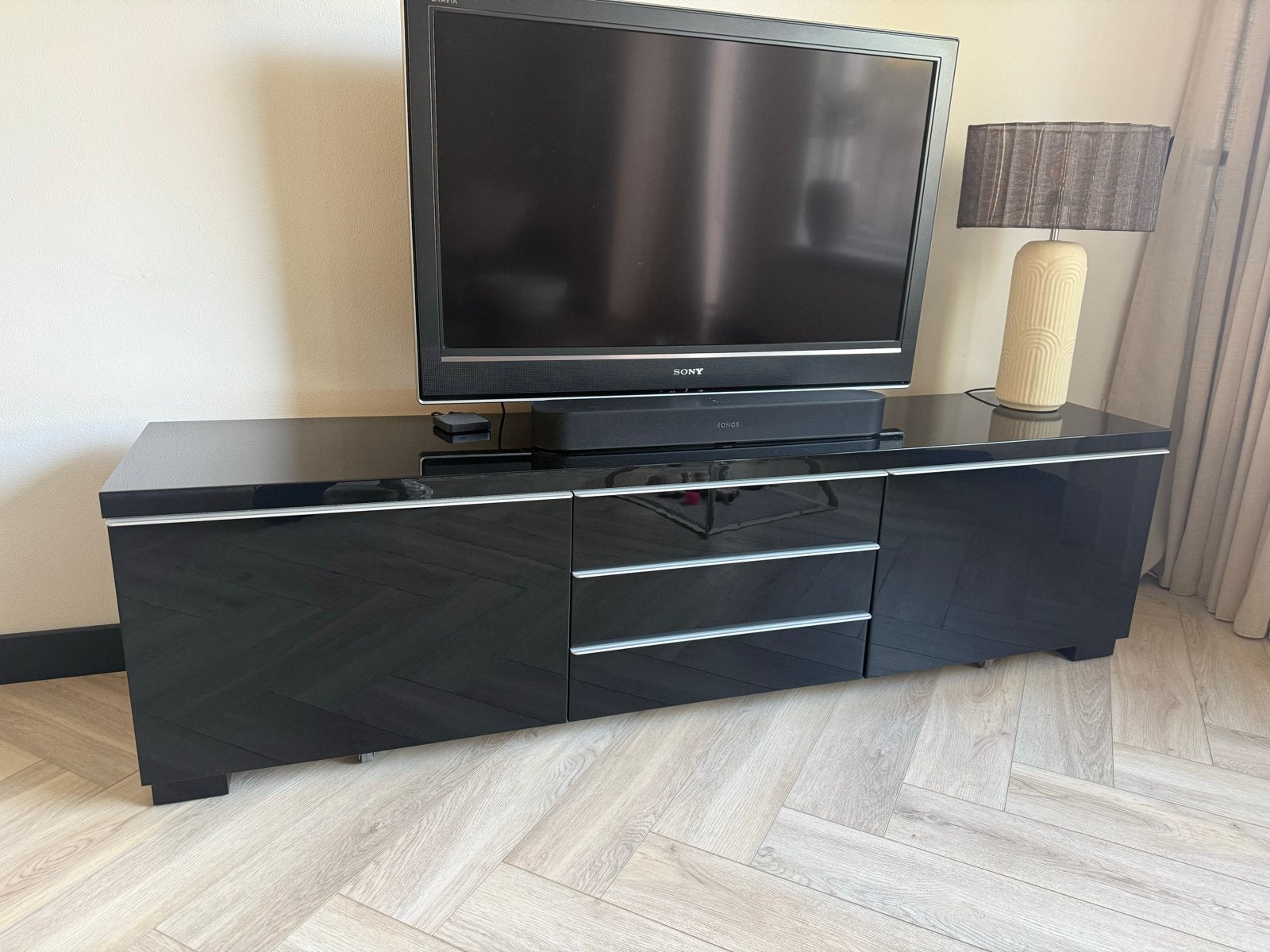 Zwart hoogglans tv-meubel met lades en deuren, Ophalen, Overige materialen, Gebruikt, 150 tot 200 cm