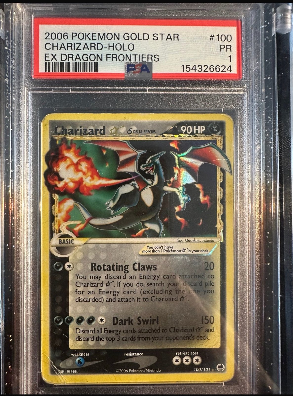 Charizard Gold Star 100/101 PSA 1 - EX Dragon Frontiers 2006, Ophalen, Gebruikt, Losse kaart, Foil