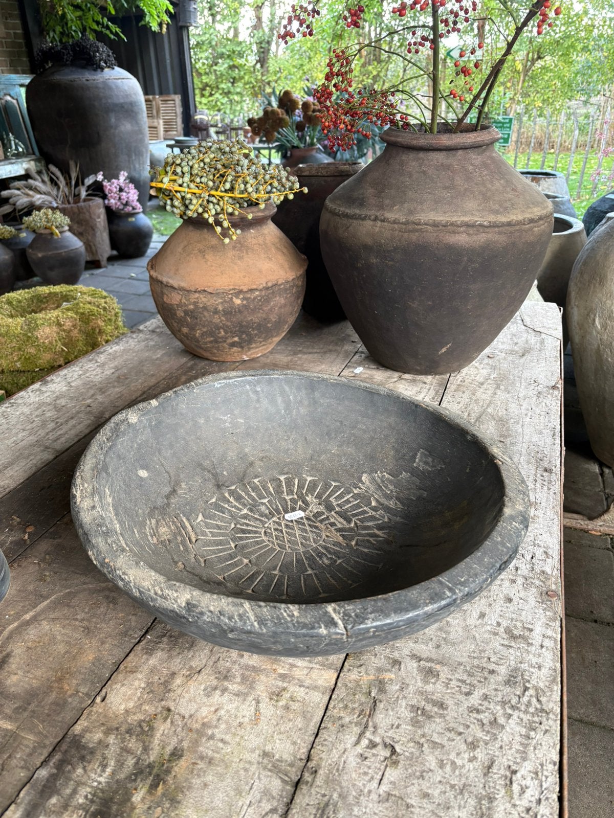 Grote oude houten schaal, Gebruikt, Schaal, T, Rond