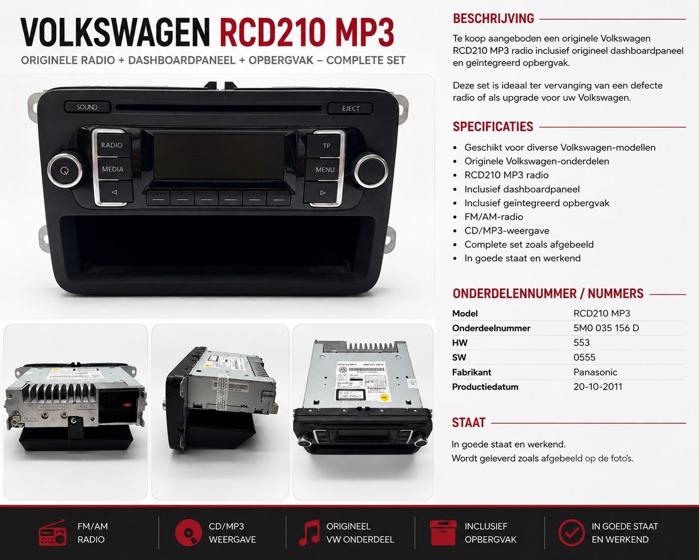VW RCD210 MP3 Radio met Dashboardpaneel & Opbergvak - Origin, Ophalen of Verzenden, Gebruikt