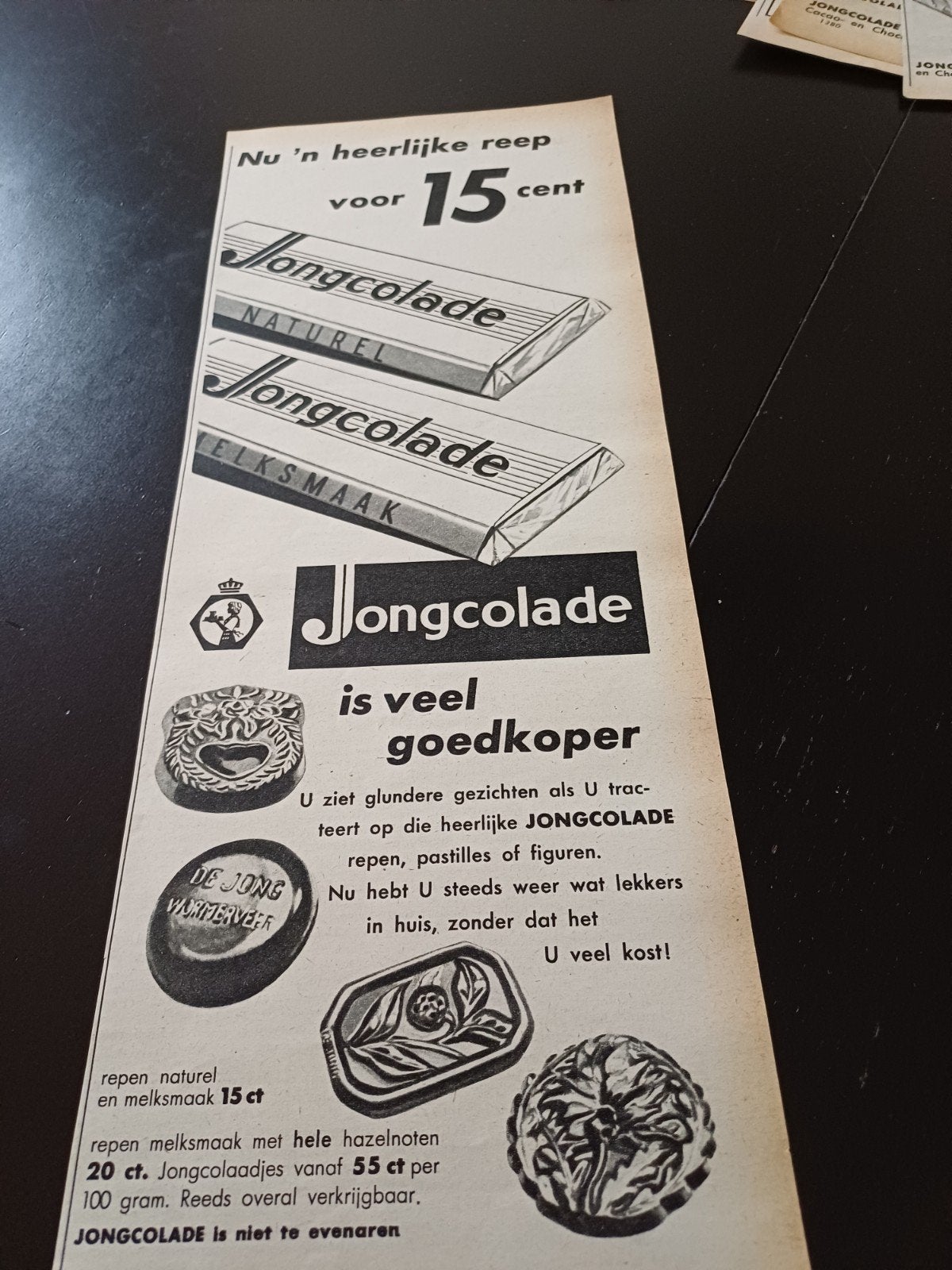 advertentie Jongcolade chocolade Wormerveer 1 1954, Ophalen of Verzenden, Gebruikt, Overige typen