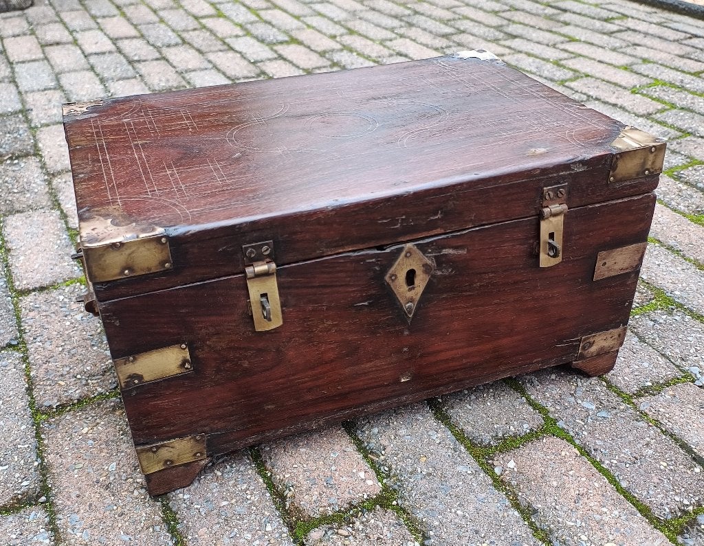 India antieke teak houten kist met koperbeslag, Ophalen of Verzenden