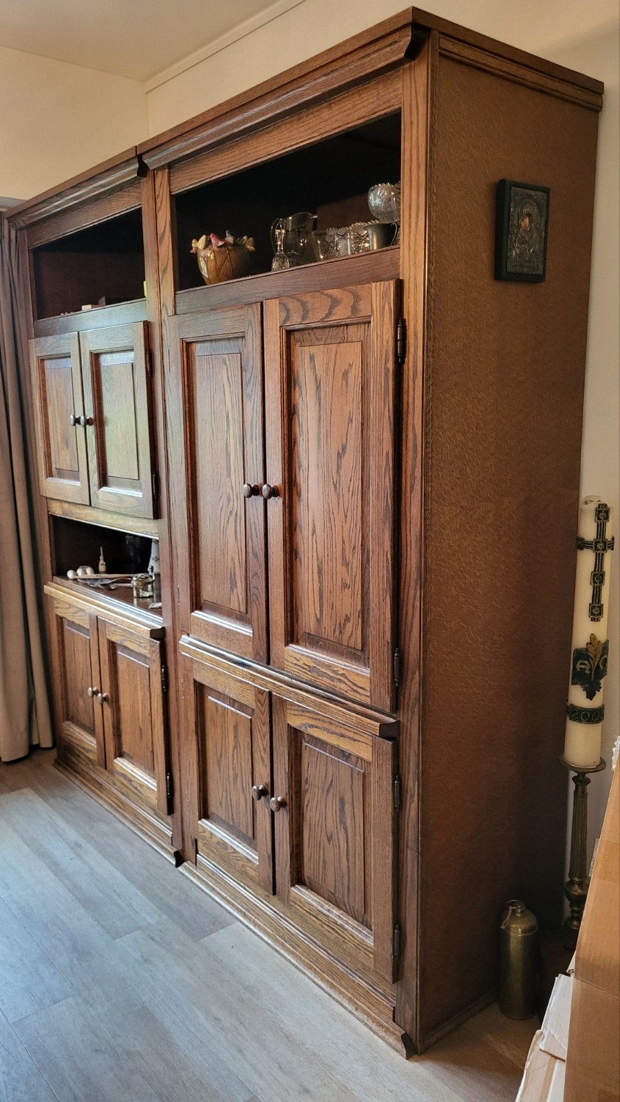 Massieve eikenhouten wandkast - 2 delen, Ophalen, Gebruikt, Minder dan 150 cm, 150 tot 200 cm