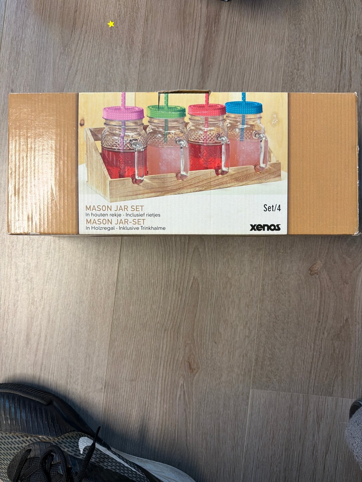 Mason Jar Set met houten rekje en rietjes - Nieuw, Nieuw, Ophalen of Verzenden, Meerkleurig, Overige merken