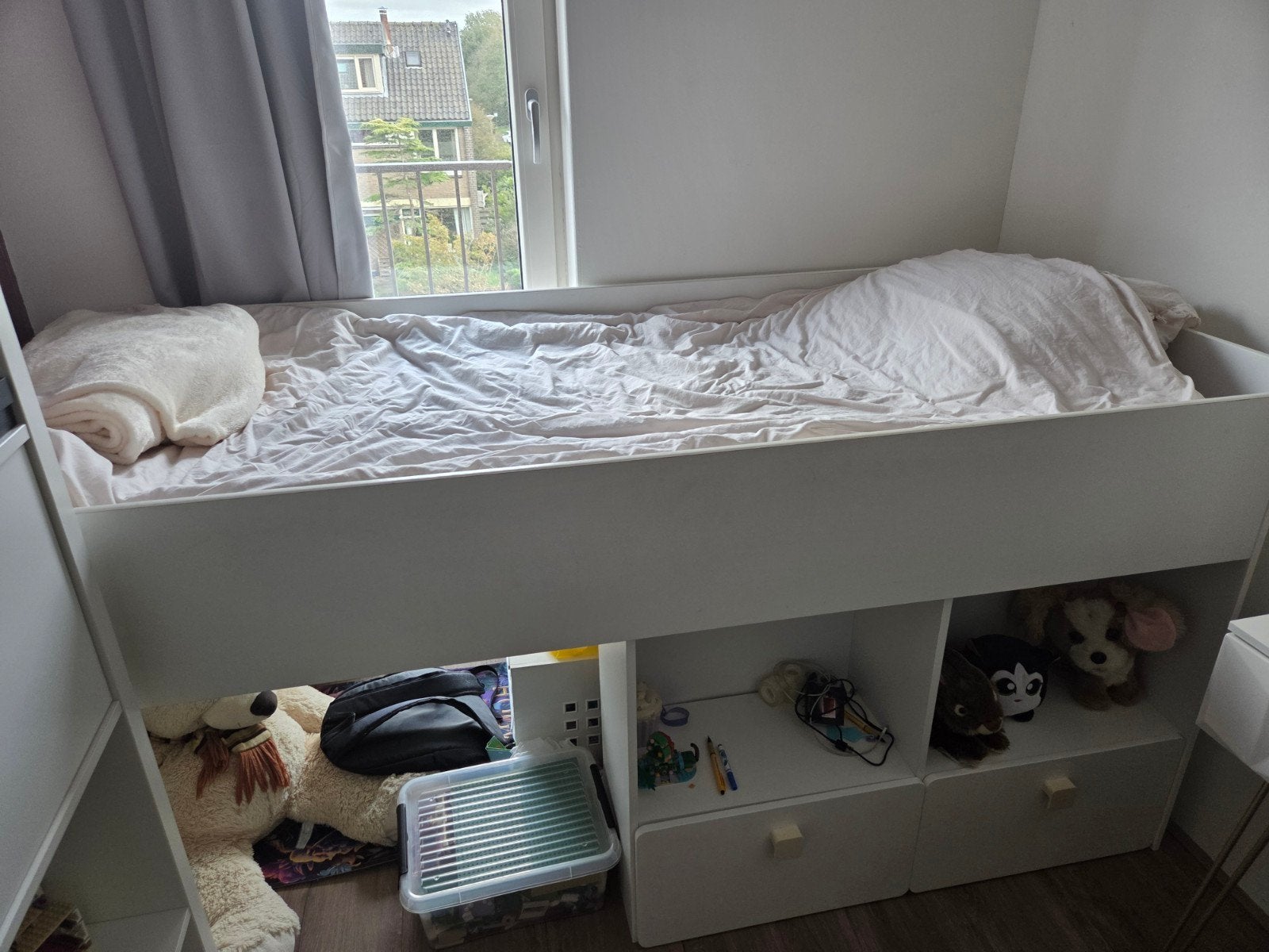 Halfhoogslaper met bureau en opbergruimte, Ophalen, 90 cm, Eenpersoons, Minder dan 160 cm
