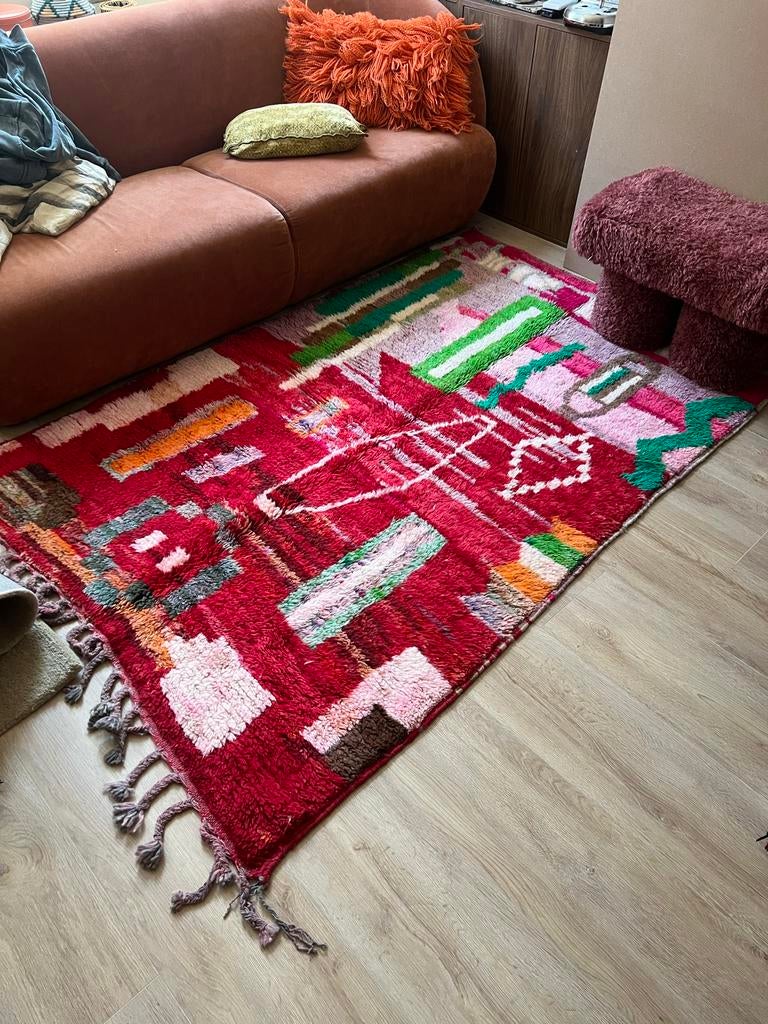 Vintage Berber vloerkleed - Rood met kleurrijke patronen, Ophalen, 100 tot 150 cm, Zo goed als nieuw, 150 tot 200 cm