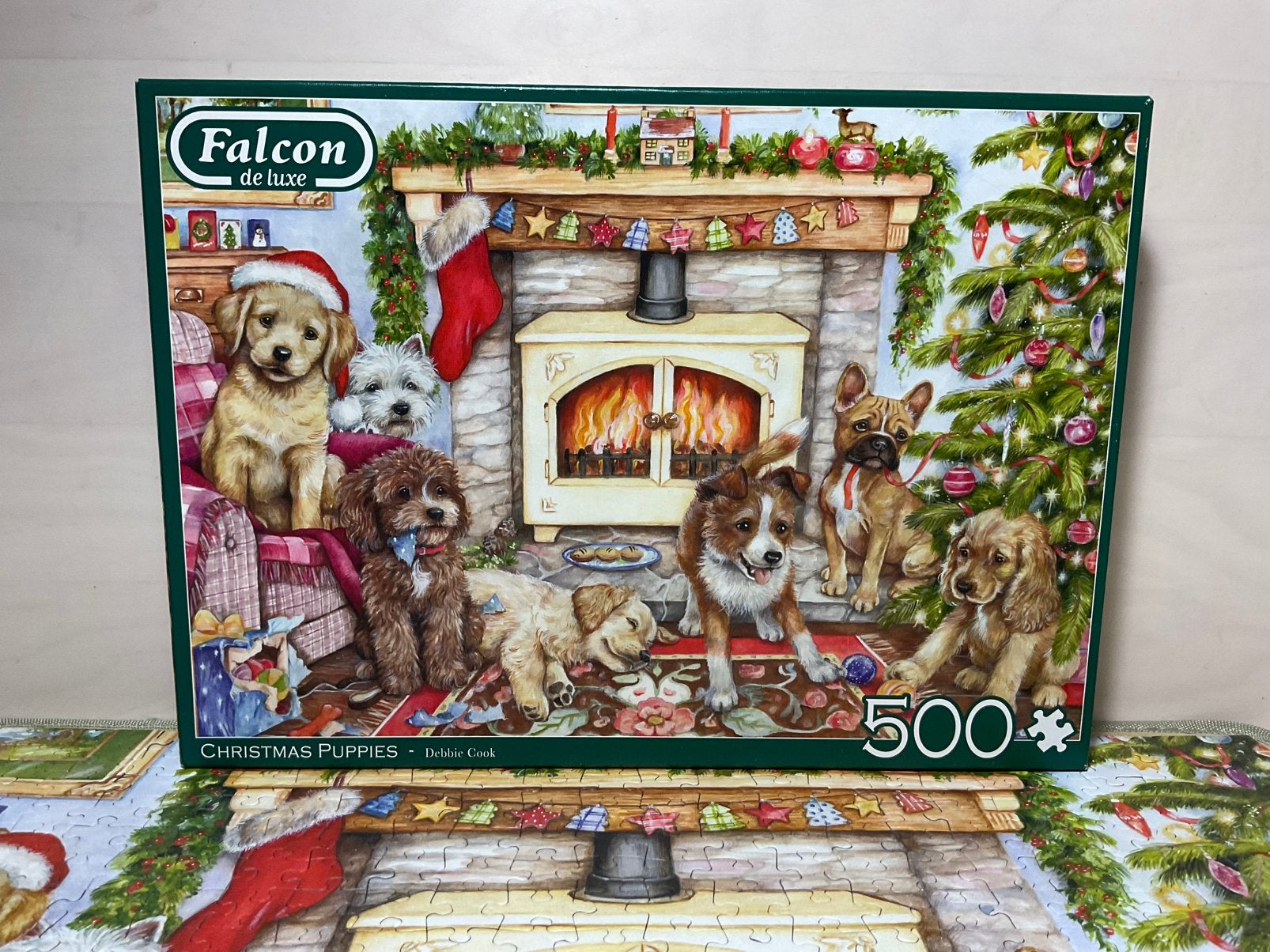 Falcon kerstpuzzel Christmas Puppies - 1000 stukjes, Ophalen of Verzenden, 500 t/m 1500 stukjes, Zo goed als nieuw