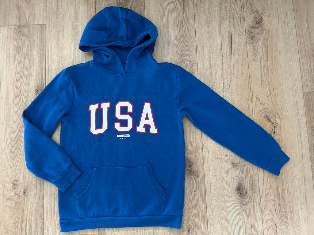 Als nieuw stoere hoodie trui kobaltblauw USA capuchon 158, Kinderen en Baby's, Kinderkleding | Maat 158, Ophalen of Verzenden